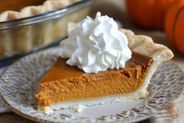 Slice of traditional pumpkin pie for Thanksgiving dinner, topped with whipped cream