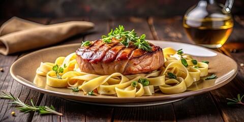 Grilled foie gras steak and fettuccine pasta served on a restaurant table , Gourmet, exquisite, fine dining, luxury, restaurant