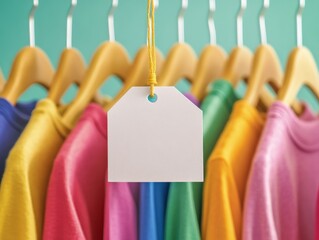 Colorful shirts hanging on hangers with a blank tag for price or branding ideas in a bright and cheerful environment.