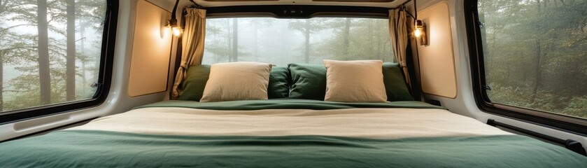 Cozy bedroom interior with a serene forest view, inviting relaxation and comfort in nature's embrace.