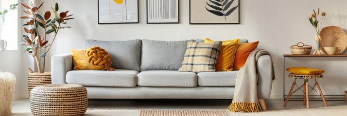 Sticker - Contemporary boho-style living room in a cozy setting featuring a gray sofa, honey yellow cushions, plaid mockup images, a woven basket, and chic personal decor elements. Trendy home decoration.