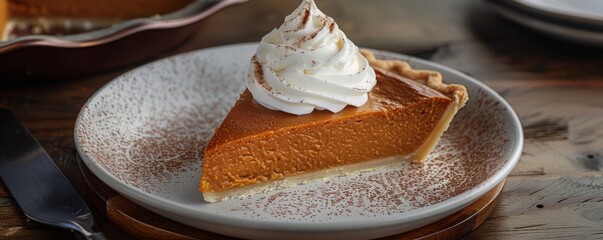 Slice of traditional pumpkin pie for Thanksgiving dinner, topped with whipped cream