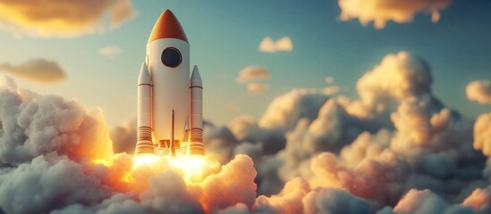 Aufkleber - Modern space rocket in a beautiful cloudy sky 3D cartoon rendering