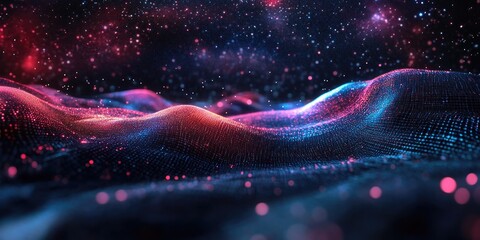 Poster - 3D illustration featuring an abstract landscape with a starry outer space texture set against a dark background with a cyberspace grid and high tech network elements