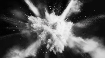 Leinwandbilder - Freeze motion of white particles on a black background in a 3D cartoon rendering Powder explosion