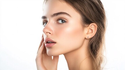 Wall Mural - 240805 218. A woman with swollen earlobe in studio dressing room. External ear affected due to keloid and multiple piercing longtime. Health and medical concept isolated on white background,png