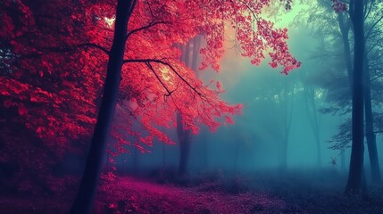 Sticker - A misty evergreen forest with vibrant red leaves glowing in autumn during early morning light