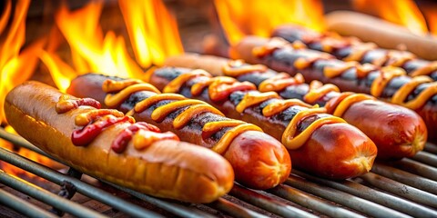 Close-up of sizzling hot dogs on a barbecue at a summer cookout, grilling, outdoor fun, BBQ, hot dogs, summer, gathering