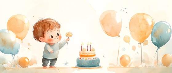 Cute watercolor cartoon baby with a small cake, celebrating a first birthday