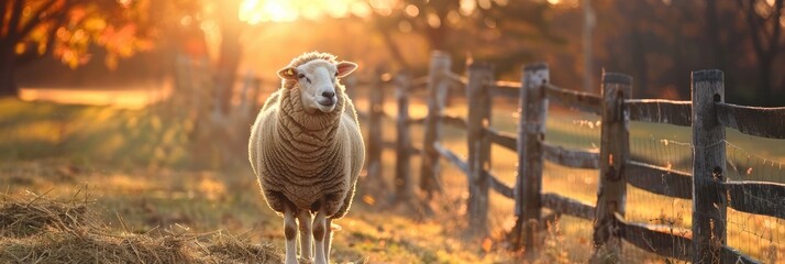 Wall Mural - Brown sheep feeding on hay in a sunny pasture beside a fence.