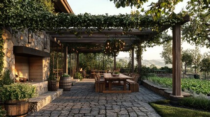 Wall Mural - Rustic Patio with Fireplace and Vines