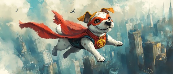 Cute watercolor cartoon dog dressed as a superhero, flying over a cityscape