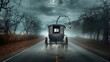 © THESUN - Ghostly Carriage on a Haunted Road: An eerie horse-drawn carriage with a flickering lantern travels down a deserted road on a foggy night, passing through shadowy trees, hinting at a spooky or mysteri