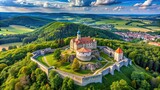 Aerial view of majestic fortress Twierdza Klodzko surrounded by scenic landscape, Twierdza Klodzko, Poland