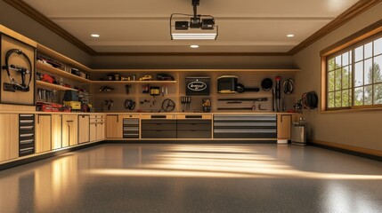 Wall Mural - Organized Garage Interior with Wooden Cabinets and Tool Storage