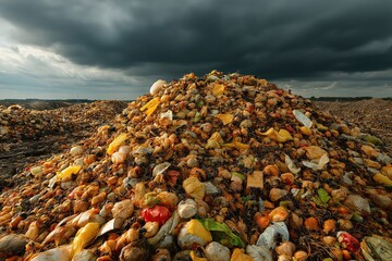 Huge pile of organic waste polluting the environment under dramatic sky