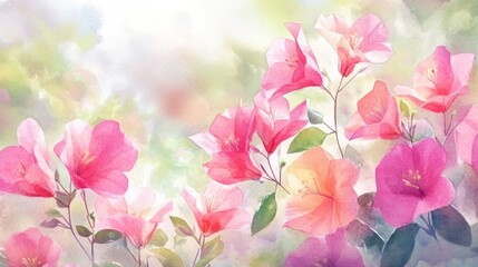 Watercolor illustration of pink bougainvillea flowers and paper flowers with leaves in a garden setting featuring a blurred plant background and shallow focus