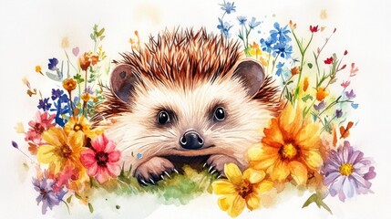 Wall Mural - Watercolor illustration of an adorable hedgehog surrounded by flowers