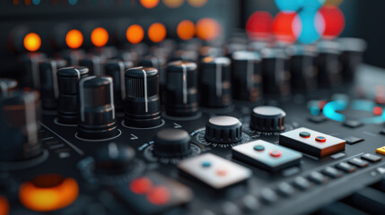 Detailed shot of an audio mixing console with illuminated knobs and buttons, showcasing the technical equipment used in sound production.