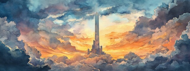 Poster - Watercolor illustration of the crowning section of a notable obelisk set against a backdrop of dramatic clouds at sunset