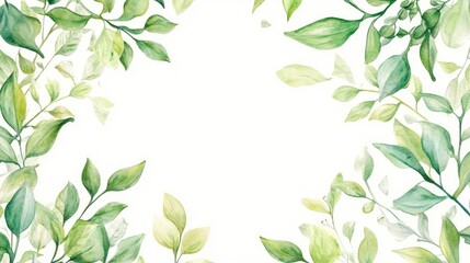 Wall Mural - Watercolor illustration of green flowers and leaves on a white background featuring a decorative frame suitable for stationery greetings wallpapers fashion and anniversaries