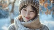 © ThuyTrang - A dynamic photograph of a Korean model in a winter wonderland, surrounded by snow-covered trees and ground. The model's stylish winter attire and cheerful expression capture the joy of the season.