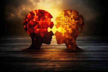 Heart Shaped Brain Puzzles Illuminated by Sunset Representing Romantic Thoughts and Emotional Intelligence