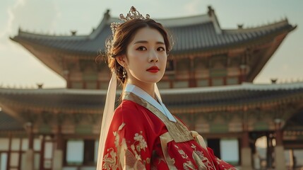 A Korean model in a traditional hanbok, gracefully positioned in front of Gyeongbokgung Palace. The model's vibrant attire and poised stance highlight the cultural beauty,