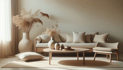 minimalist living room, soft neutral colors, cozy and inviting, modern interior design, beige and white tones, soft cushions on sofa, simple wooden coffee table, elegant ceramic vases with dried flowe