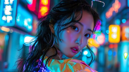 A Korean model styled as a K-pop star, posing dynamically in a vibrant outfit with bright neon colors. The background features a futuristic cityscape with colorful lights and energetic vibes.