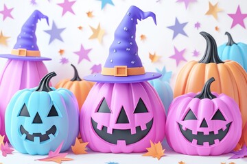 Colorful Halloween pumpkin decorations with witch hats