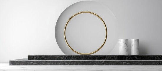 3D rendering of black and white marble pedestal steps on a white background featuring a golden ring and round frame with two cylinders in an abstract minimal concept creating a blank space and a si