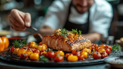 Canvas Print - Grilled Salmon with Cherry Tomatoes and Herbs