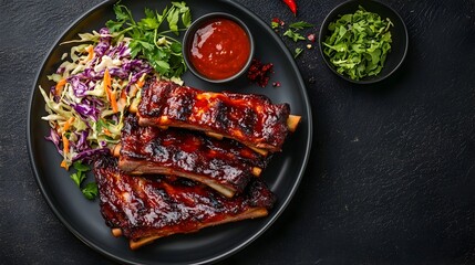 Delectable plate of savory and tender barbecued ribs alongside a refreshing coleslaw salad perfect for an outdoor summer meal or picnic