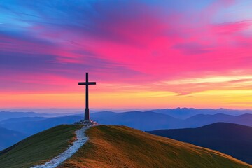 Poster - A cross seen on hill during dusk 