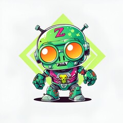 Poster - Cute Green Robot with Goggles and Skull on Chest