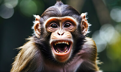 Wall Mural - a young monkey with big brown eyes and a wide open mouth looks directly at the camera with a playful
