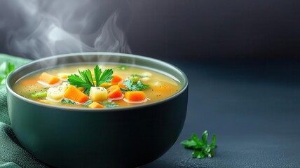 Organic vegetable soup, steaming hot in a bowl, 3D illustration