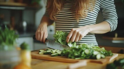 A close-up image of a woman cutting lettuces on a cutting board at a wooden kitchen tabletop, cooking in the kitchen. healthy food, lifestyle, home cooking