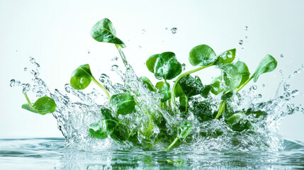 Fresh microgreen leaves splashing in clear water on a light background. Concept of freshness food, healthy lifestyle and vegan