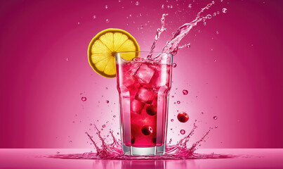 A glass of pink lemonade with ice and a lemon wedge, surrounded by splashing water on a pink background