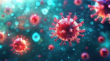 3D rendering of virus cells featuring an abstract representation of germs related to the coronavirus and omicron variant