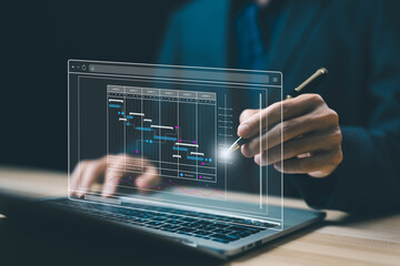 Fototapete - project planner in software. schedule plan management work update and workflow. concept updating and managing milestones on a timeline Gantt chart in technology online. appointment staff of business