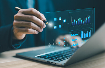 Poster - analyst manages the system database and reports research on the platform's digital technology. concept of analysis data plans to show a dashboard chart on the computer, analytics business