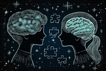 Wall Mural - Cosmic brain heads against starry background symbolizing the expansive nature of human intelligence and curiosity