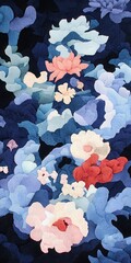 Wall Mural - Vibrant floral abstract art with colorful blossoms on a dark background, featuring blues, pinks, and reds.