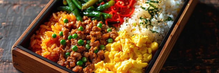 Poster - Tricolor Bento Box with Japanese Rice, Stir-Fried Minced Chicken, Boiled Green Beans, and Scrambled Eggs