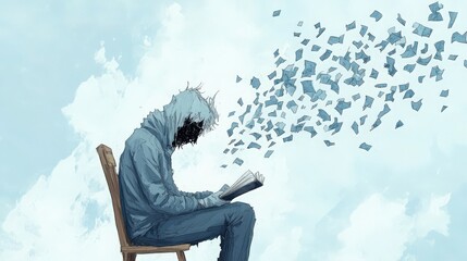 A figure in a hooded sweater reads, with thoughts transforming into scattered pages against a dreamy sky backdrop.