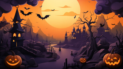 Illustration of Halloween holiday. Orange pumpkins, different scary decorations