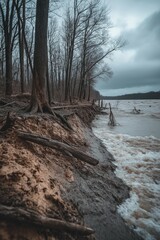 Riverbank eroding with polluted water under gray sky